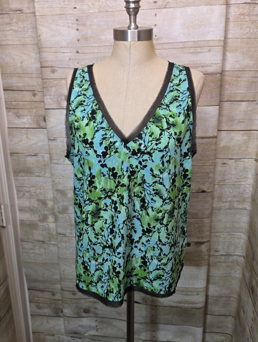 Halogen Green & Aqua Floral V-Neck Camisole with Black Trim
